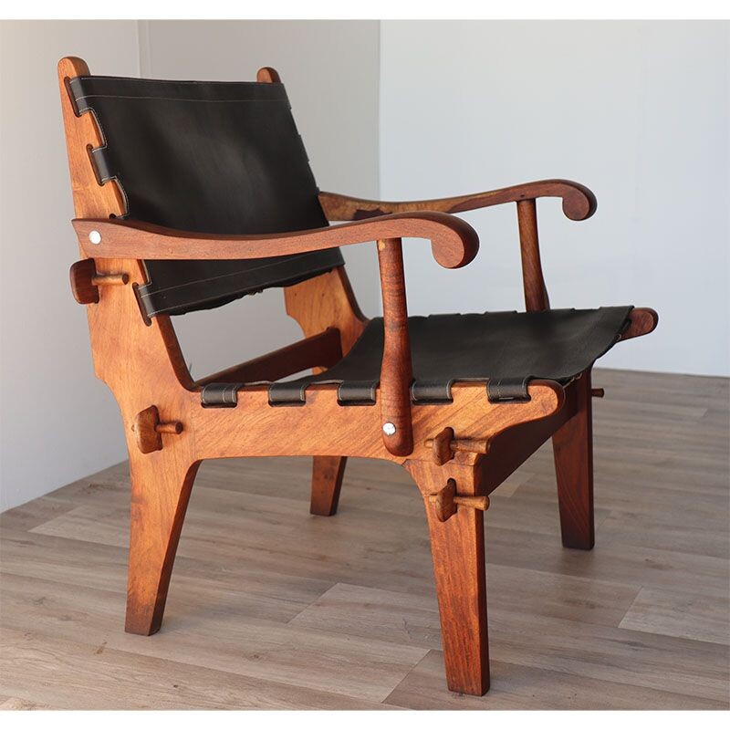 Vintage wood and leather armchair by Angel Pazmino, 1960