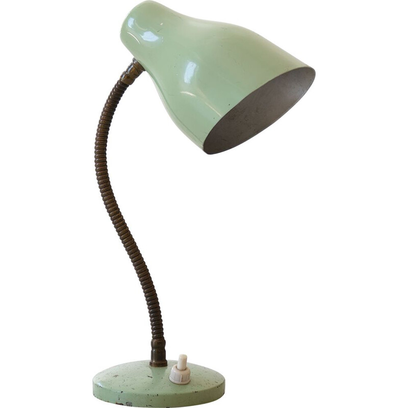 Lampe de table italienne vintage en métal laqué vert clair et laiton, 1950