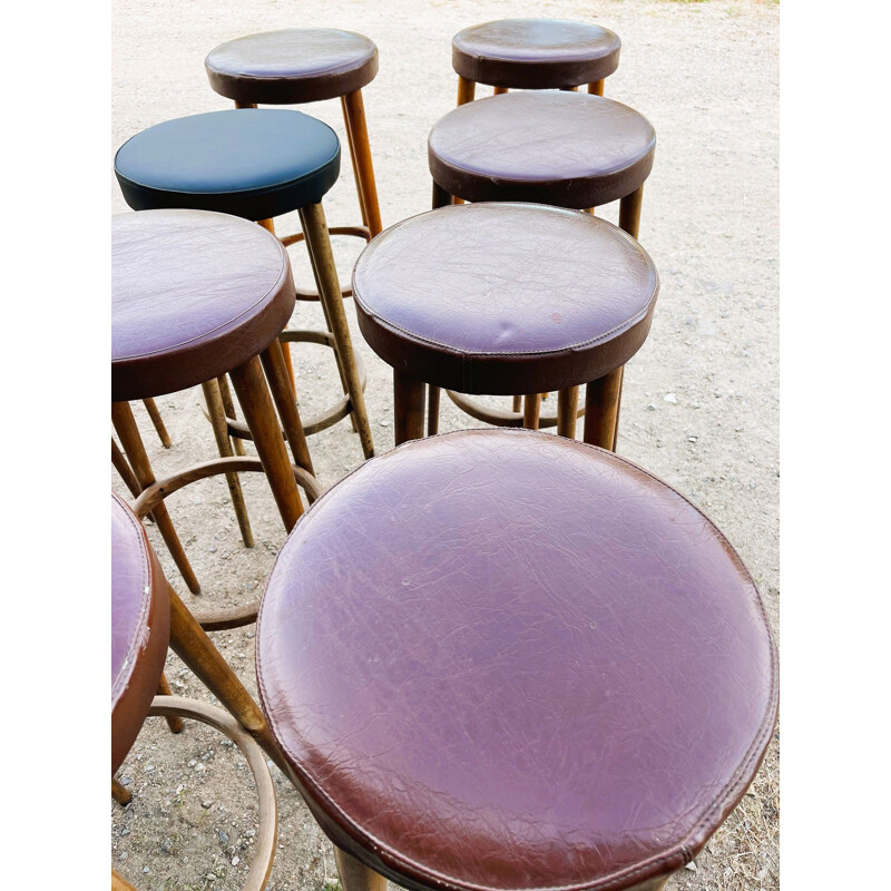 Set of 11 vintage Baumann wooden bar stools, 1970