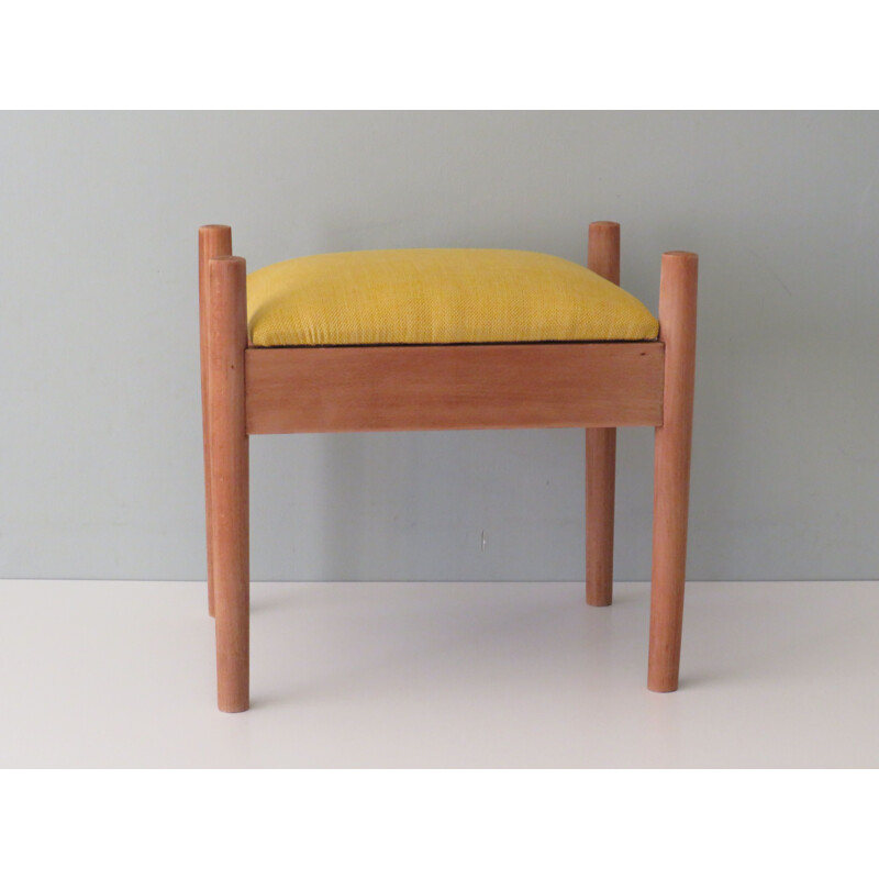 Scandinavian vintage wooden and yellow woven fabric footrest, 1960-1970s