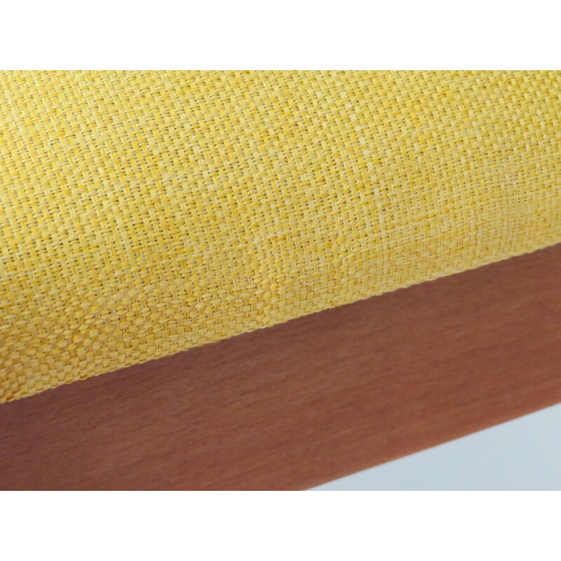 Scandinavian vintage wooden and yellow woven fabric footrest, 1960-1970s