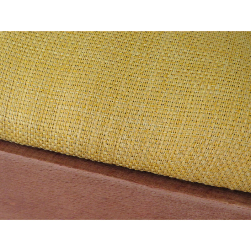 Scandinavian vintage wooden and yellow woven fabric footrest, 1960-1970s