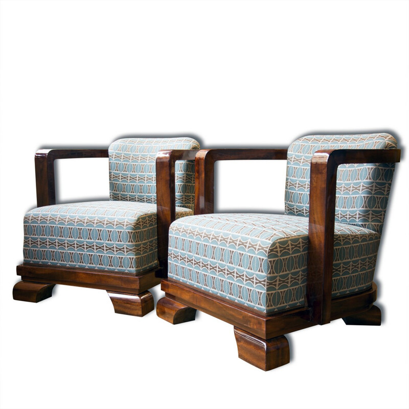 Pair of vintage armchairs in fabric and walnut veneer - 1930s