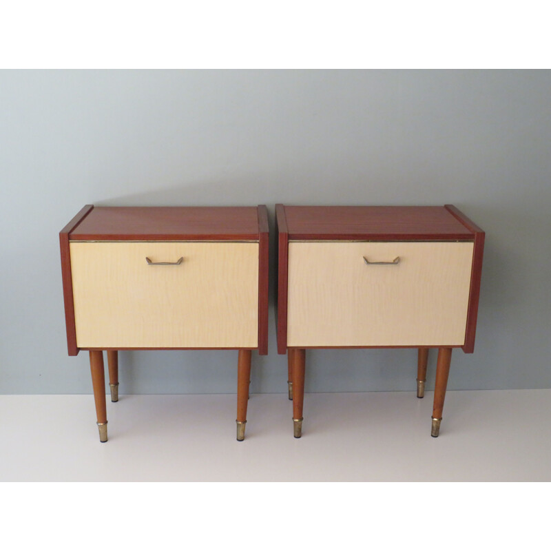 Pair of mid century night stands with doors in glossy light-colored, 1950s