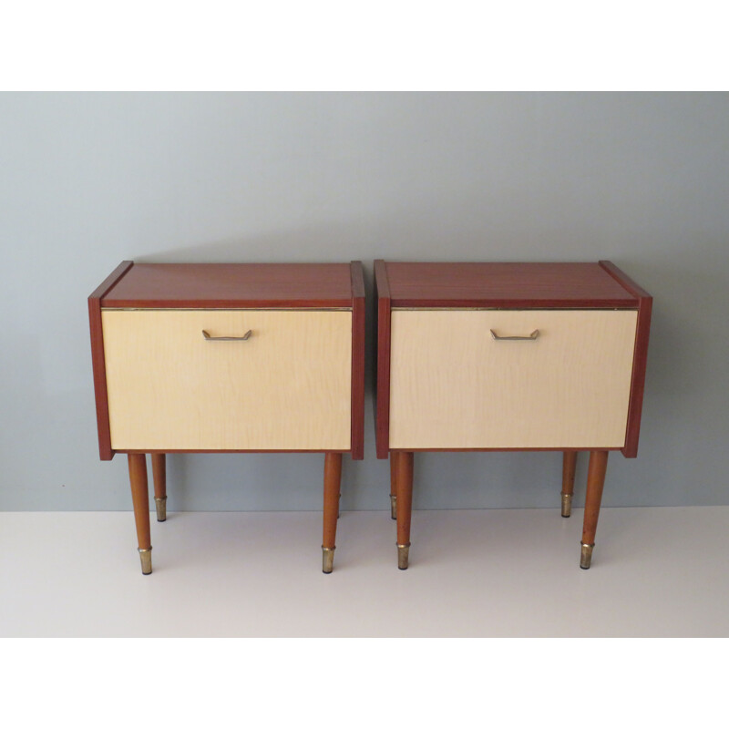 Pair of mid century night stands with doors in glossy light-colored, 1950s