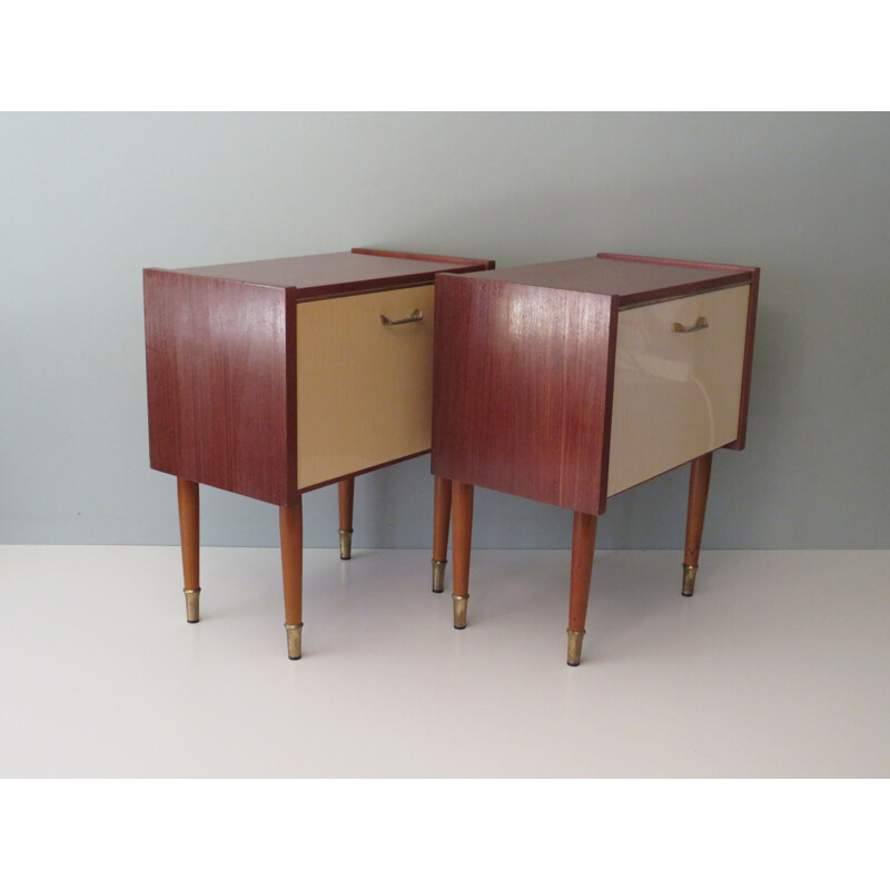 Pair of mid century night stands with doors in glossy light-colored, 1950s