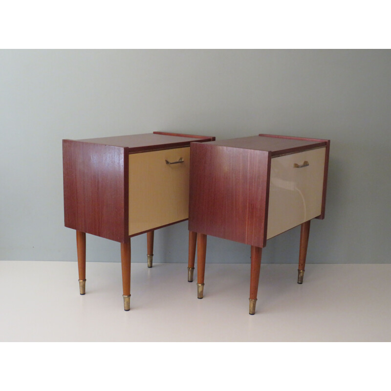 Pair of mid century night stands with doors in glossy light-colored, 1950s