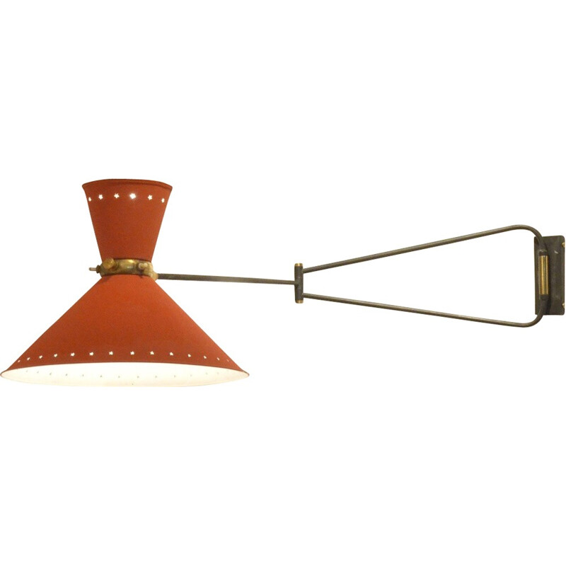 French Lunel wall lamp in red metal and brass, René MATHIEU - 1950s