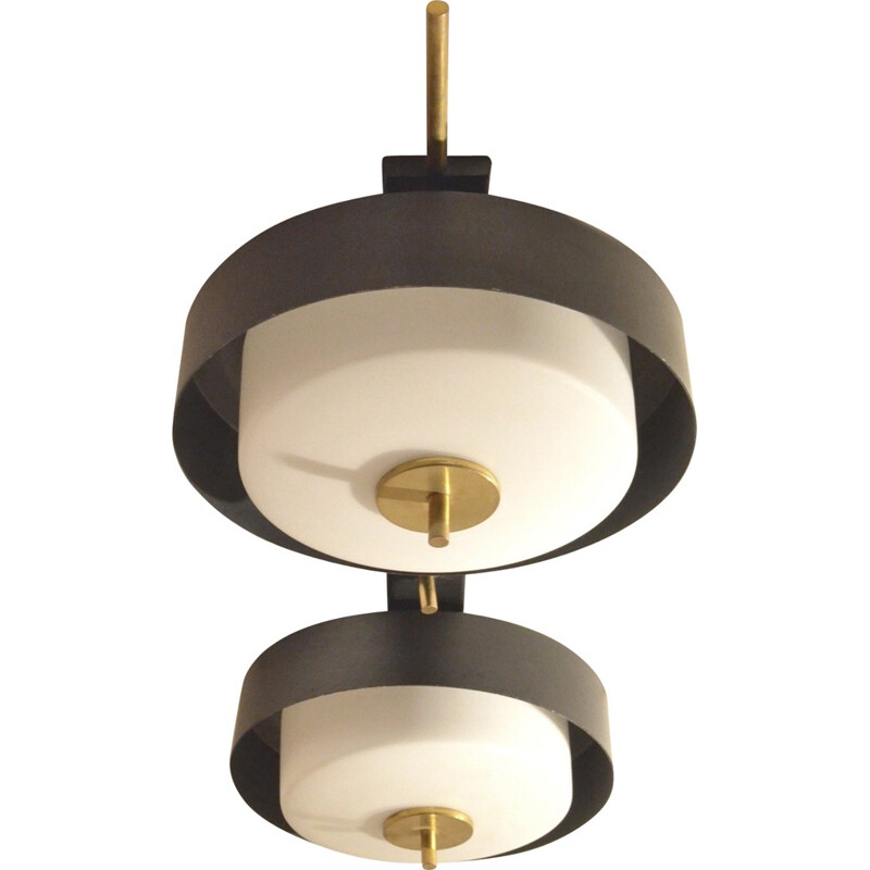 French Maison Arlus ceiling lamp in opaline glass and brass - 1950s