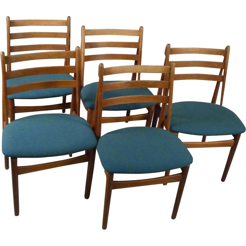 Set of 5 FDB Møbler "J60" dining chairs oak and blue fabric, Poul M. VOLTHER - 1950s