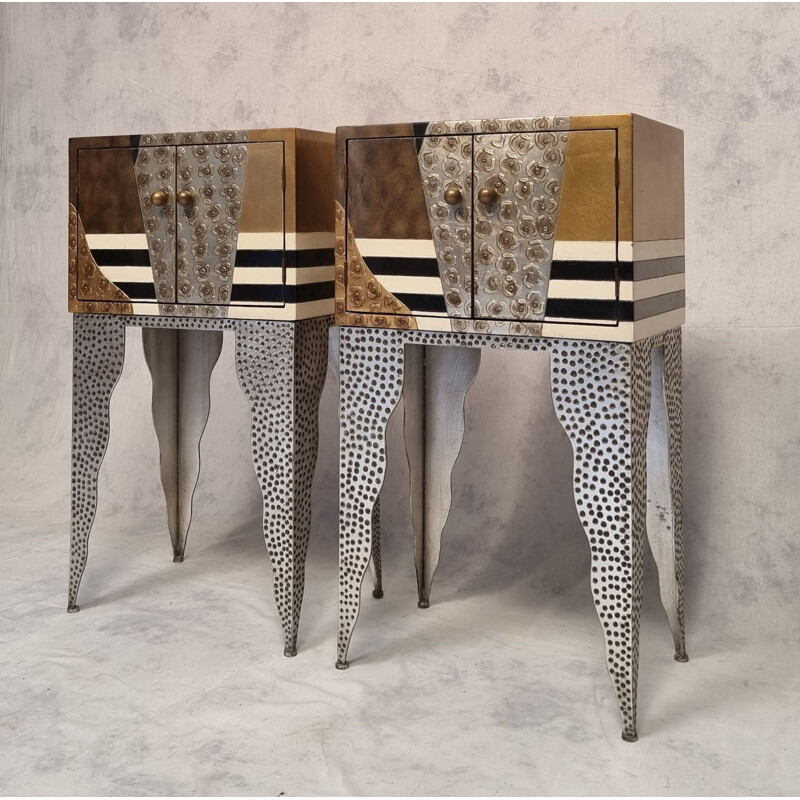 Pair of vintage living room dressers in lacquered wood and hammered metal, 1990