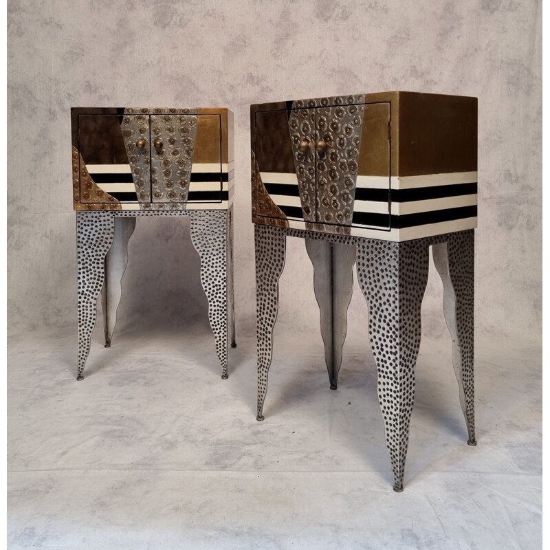 Pair of vintage living room dressers in lacquered wood and hammered metal, 1990