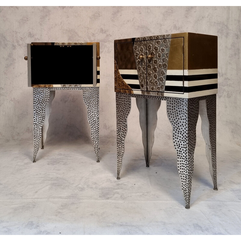 Pair of vintage living room dressers in lacquered wood and hammered metal, 1990