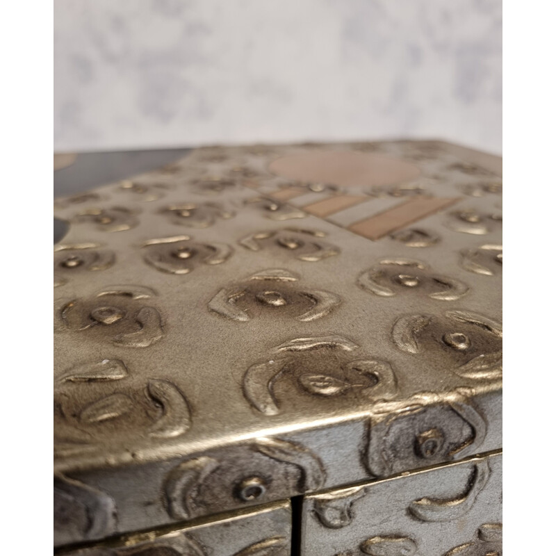 Pair of vintage living room dressers in lacquered wood and hammered metal, 1990