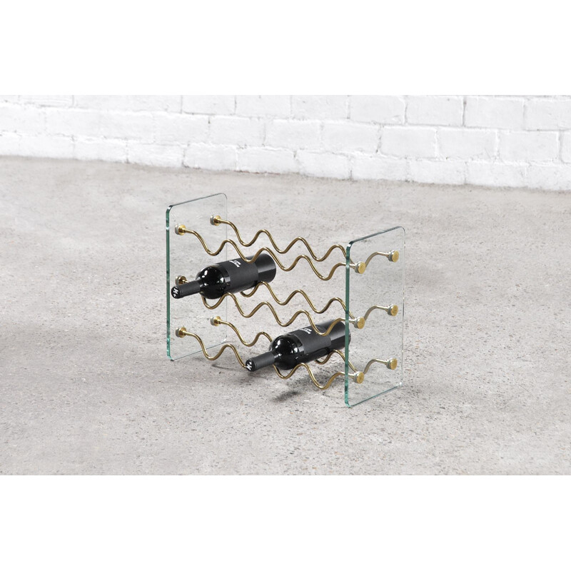 Vintage glass & brass wine rack by David Lange, France 1970s