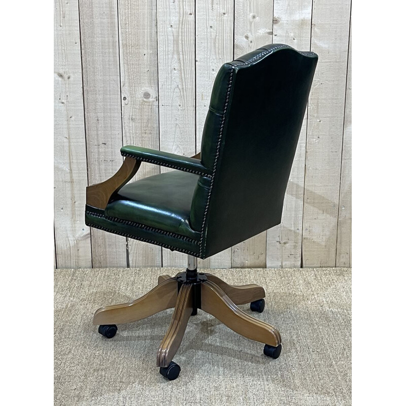 Vintage English Chesterfield desk chair in green leather, 1980s