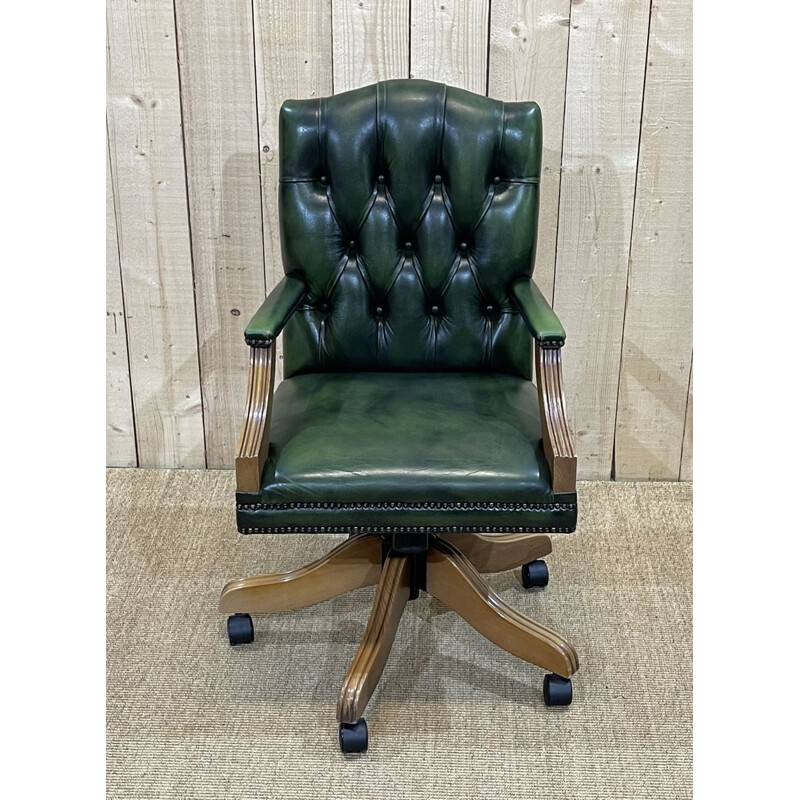 Vintage English Chesterfield desk chair in green leather, 1980s