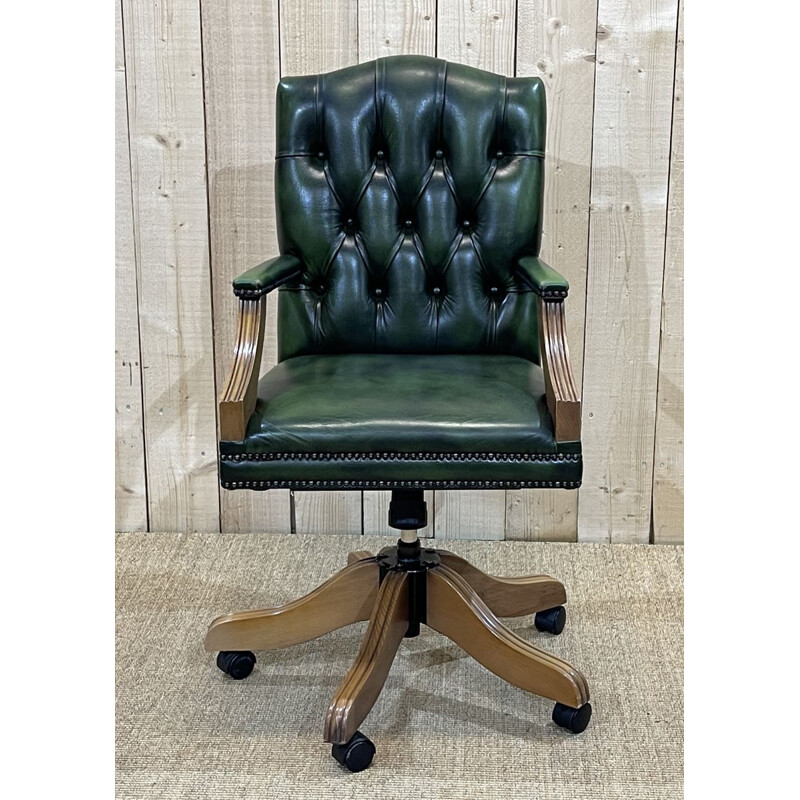 Vintage English Chesterfield desk chair in green leather, 1980s