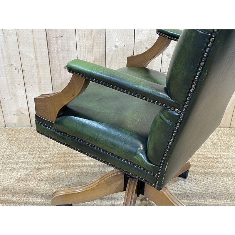 Vintage English Chesterfield desk chair in green leather, 1980s