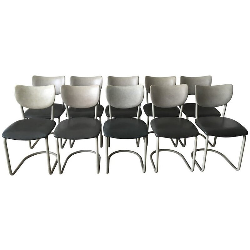 Suite de 10 chaises Gispen en simili cuir gris, Brothers DE WIT - 1950