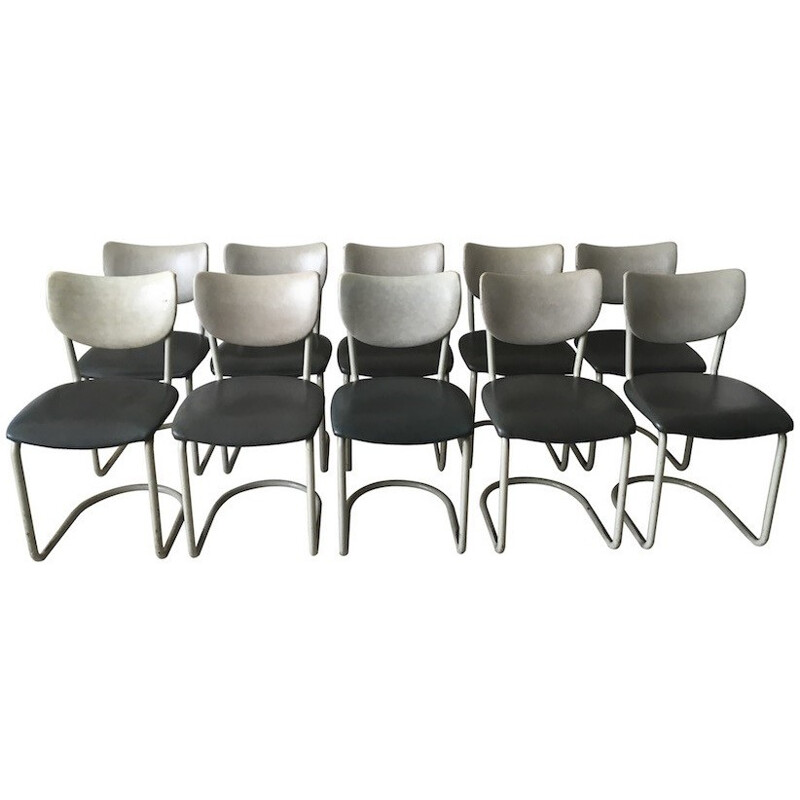 Suite de 10 cadeiras Gispen em pele cinzenta, Brothers DE WIT - 1950