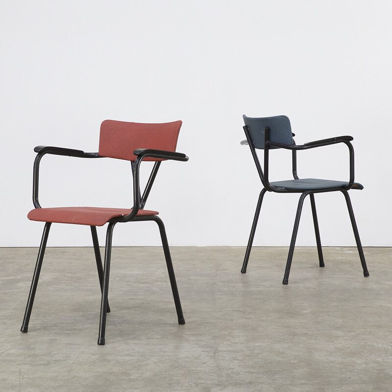 Pair of office chairs in blue and red fabric - 1950s