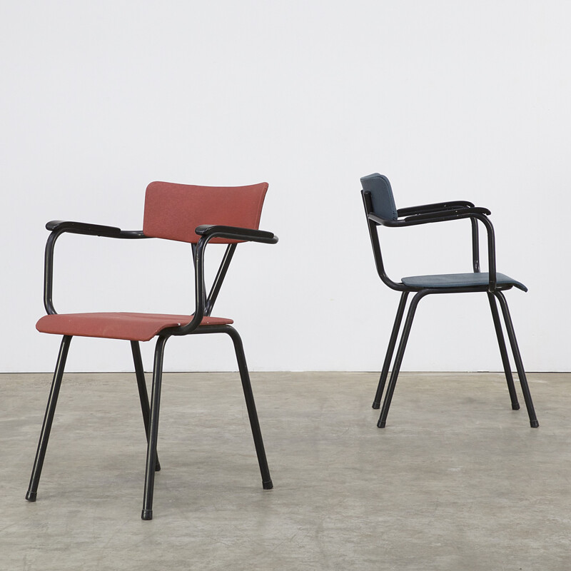 Pair of office chairs in blue and red fabric - 1950s