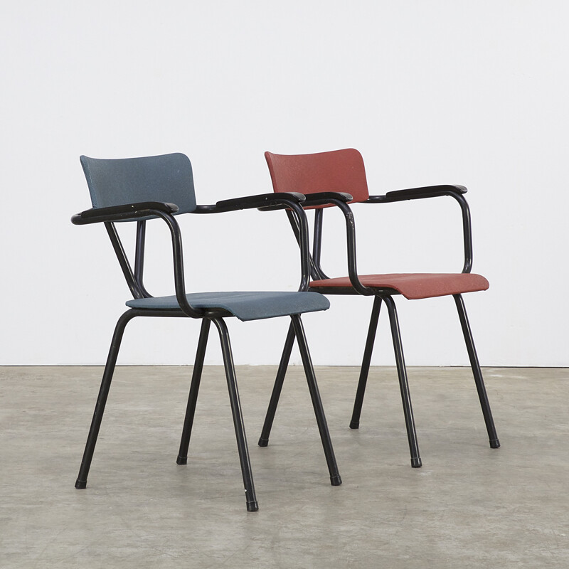 Pair of office chairs in blue and red fabric - 1950s