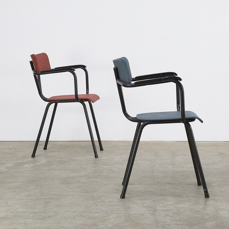 Pair of office chairs in blue and red fabric - 1950s