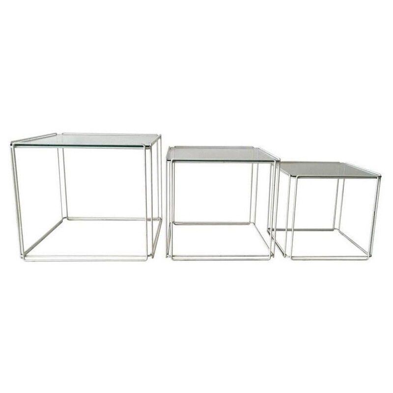 Suite de 3 tables gigognes "Isocele" Atrow en verre et métal, Max SAUZE - 1970