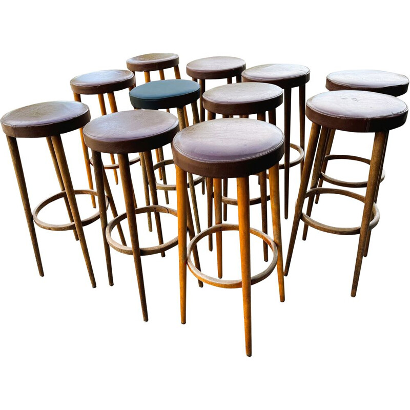 Set of 11 vintage Baumann wooden bar stools, 1970