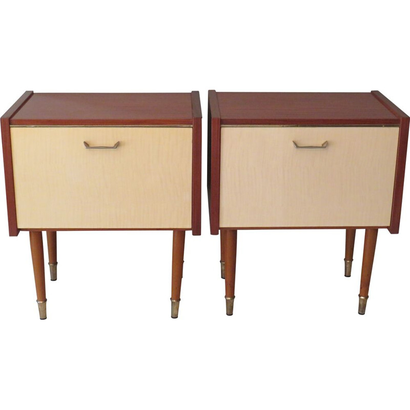 Pair of mid century night stands with doors in glossy light-colored, 1950s