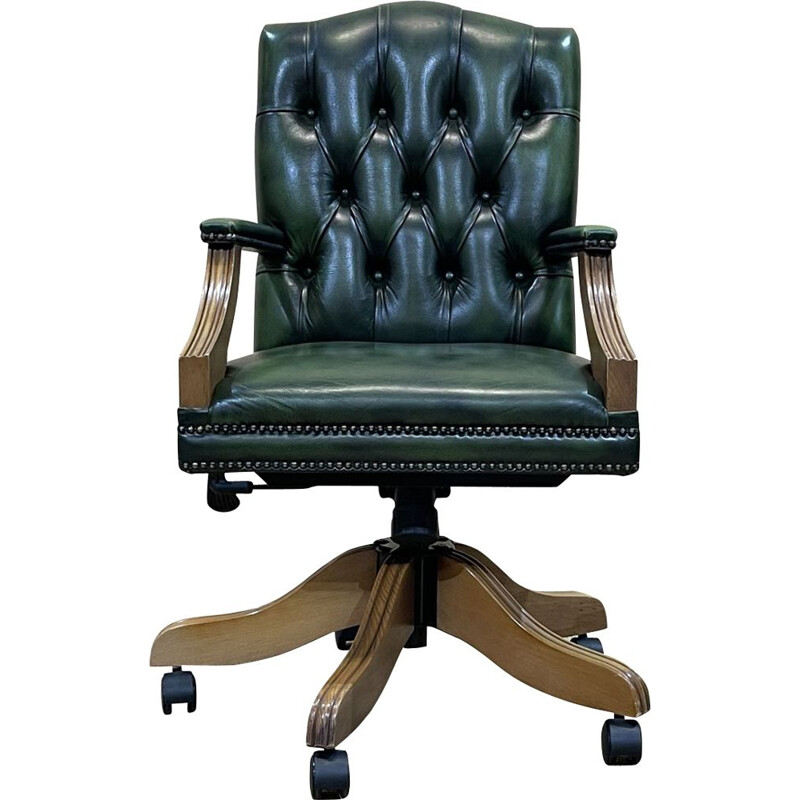 Vintage English Chesterfield desk chair in green leather, 1980s