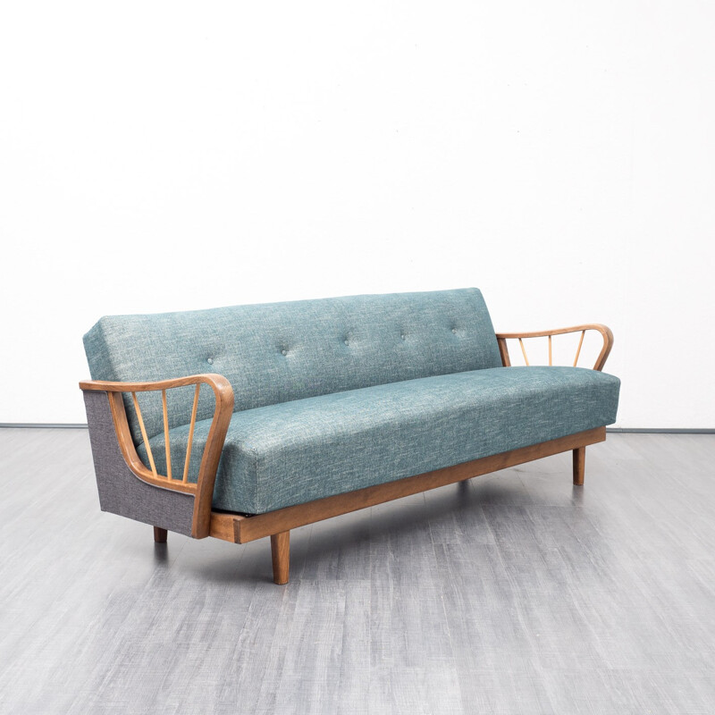 Bicoloured re-upholstered sofa in beech and fabric - 1950s