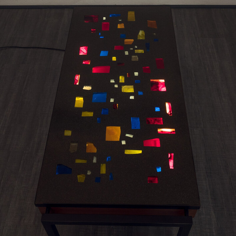 Illuminated coffee table in teak, resin and steel - 1960s