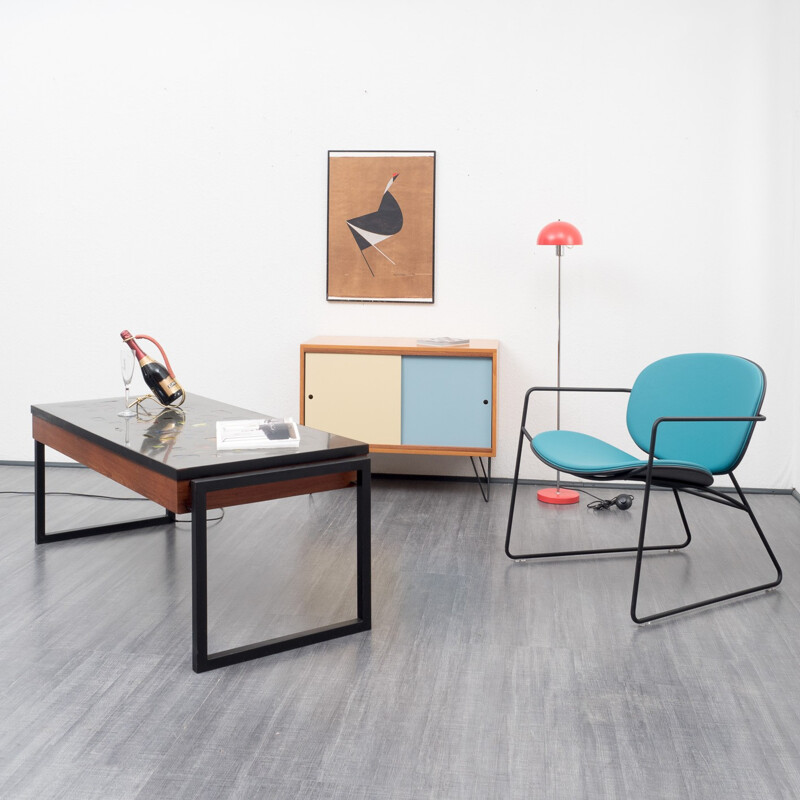 Illuminated coffee table in teak, resin and steel - 1960s