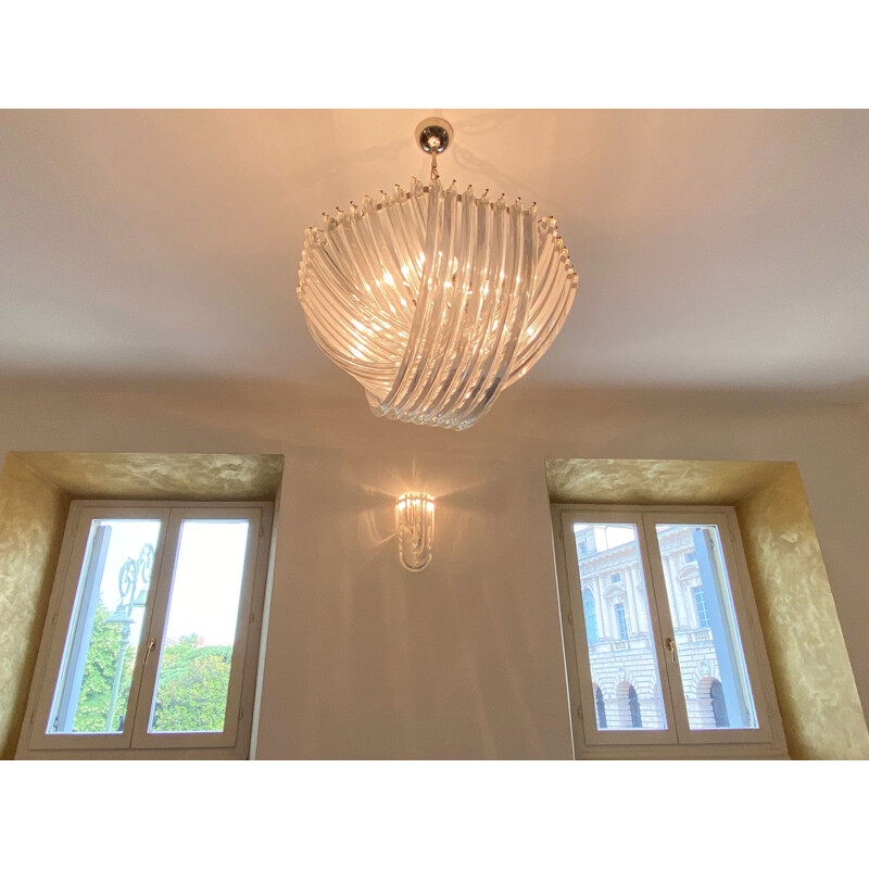 Vintage chandelier with 3 wall lamps by Triedri Venini, Italy 1970s