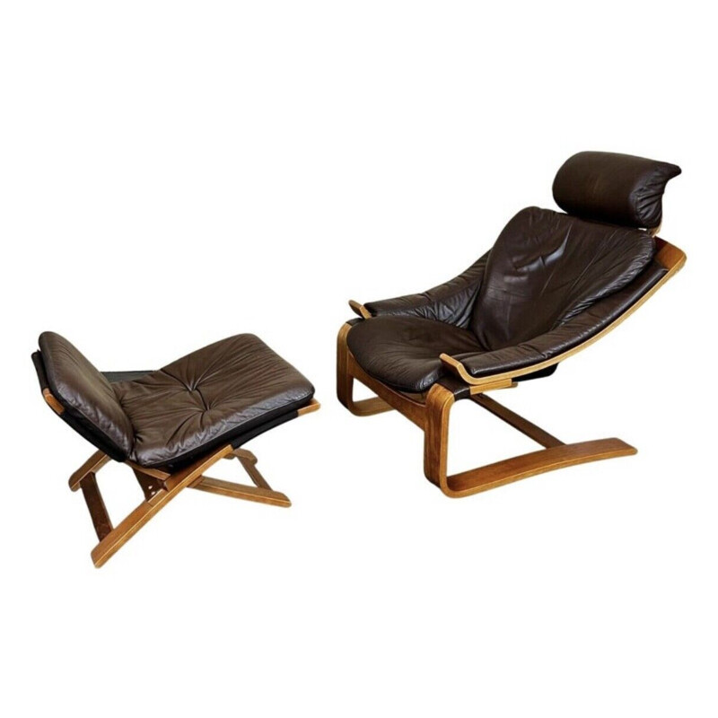 Vintage teak and leather armchair with ottoman by Ake Fribytter Nelo, Sweden 1960-1970