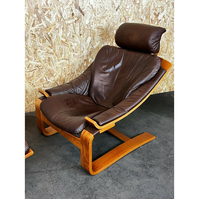 Vintage teak and leather armchair with ottoman by Ake Fribytter Nelo, Sweden 1960-1970