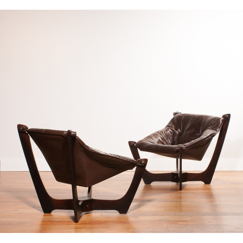 Pair of Scandinavian brown leather easy chairs - 1980s