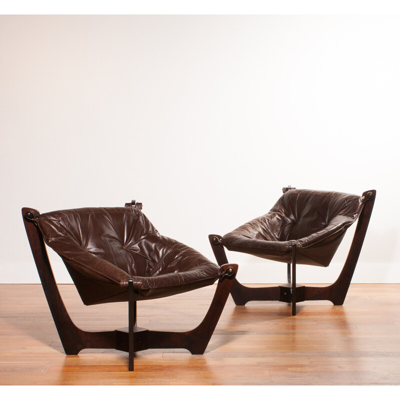 Pair of Scandinavian brown leather easy chairs - 1980s