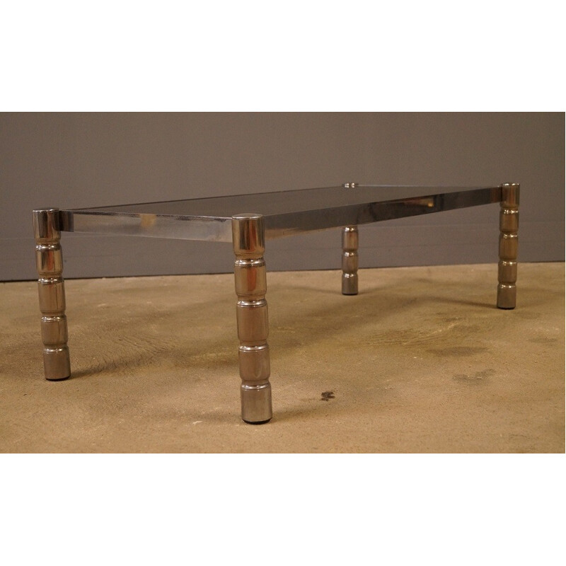 Vintage coffee table in smoked glass and chromed metal - 1970s