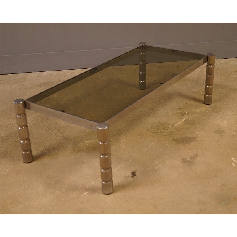 Vintage coffee table in smoked glass and chromed metal - 1970s