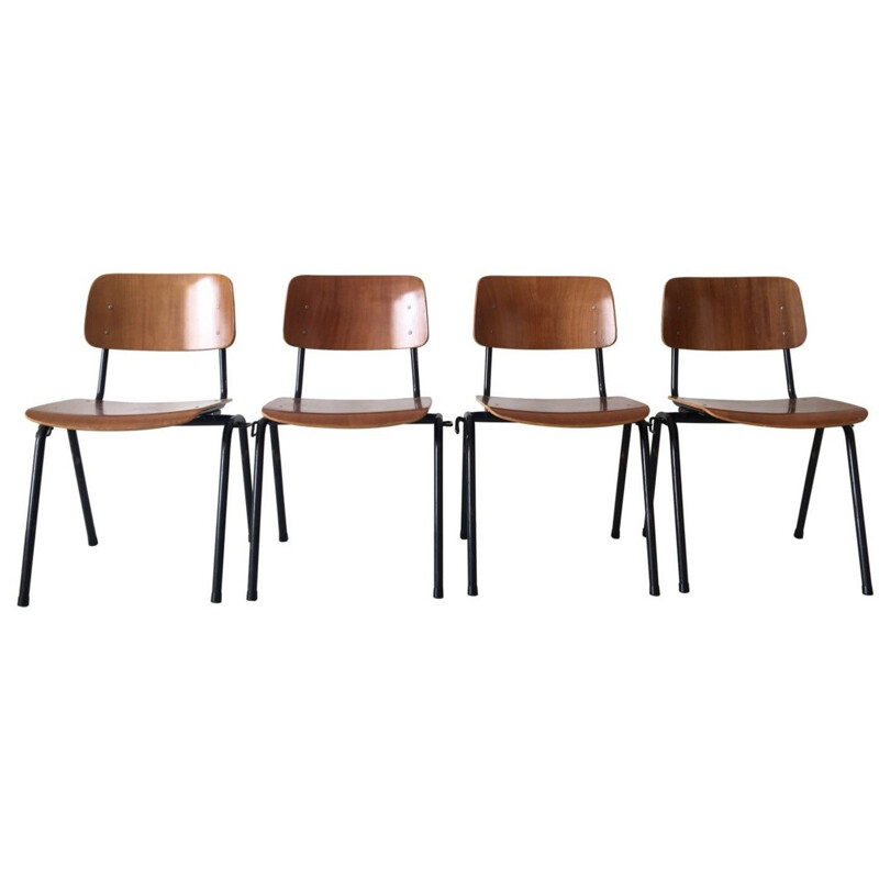 Set of 4 industrial Marko Holland chairs in wood and black metal - 1960s