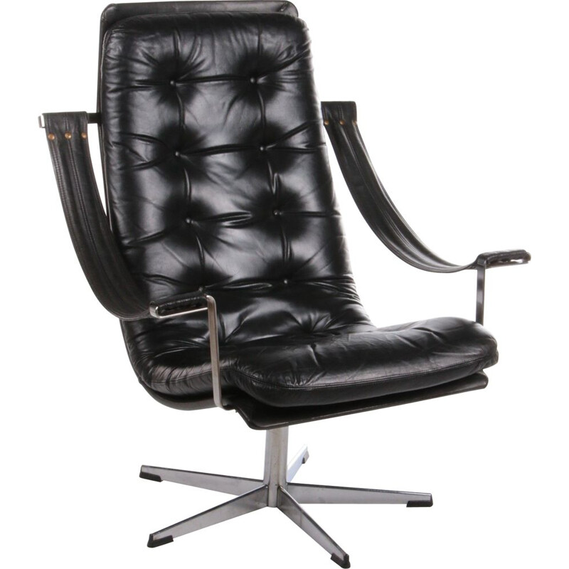 Vintage black cowhide leather swivel armchair by Geoffrey Harcourt for Artifort, 1960s
