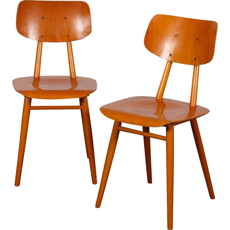 Pair of vintage wooden chairs by Ton, 1960