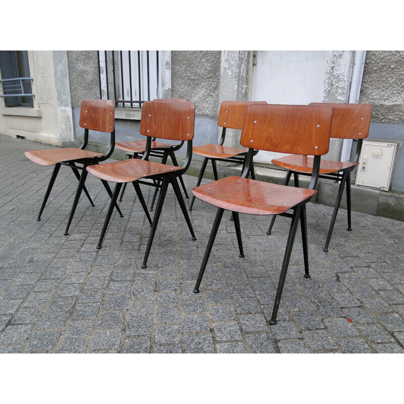Set of 6 wooden and black steel chairs, Friso KRAMER - 1950s