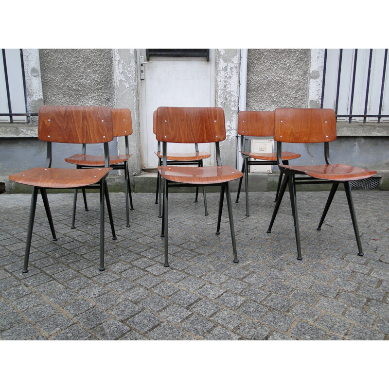 Set of 6 wooden and black steel chairs, Friso KRAMER - 1950s