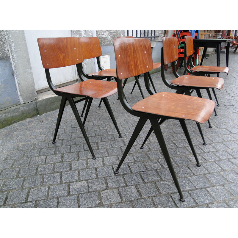 Set of 6 wooden and black steel chairs, Friso KRAMER - 1950s