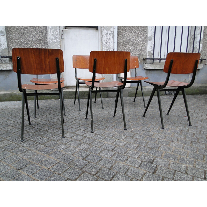 Set of 6 wooden and black steel chairs, Friso KRAMER - 1950s